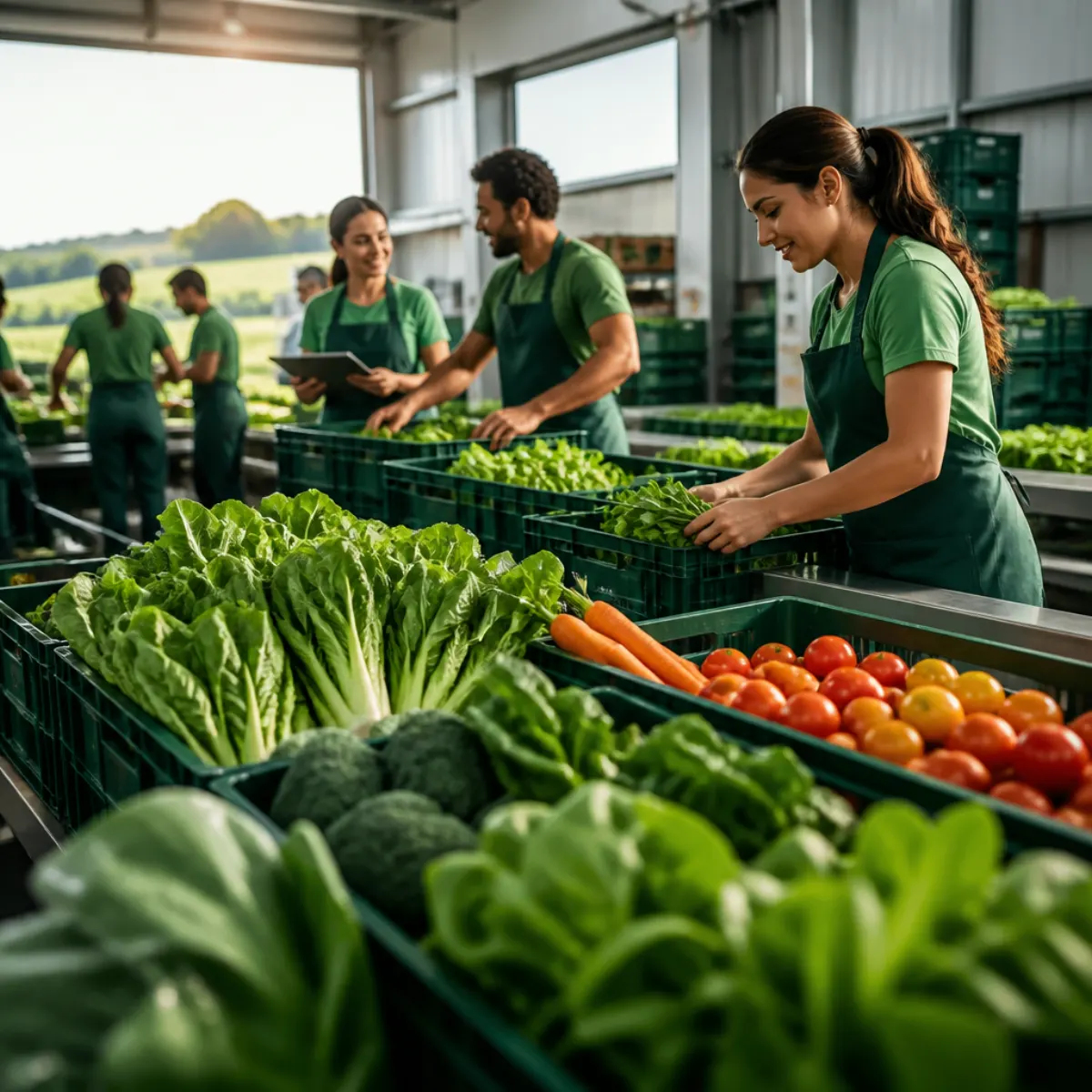 Premium fresh produce supply chain scene with harvest boxes and agricultural team