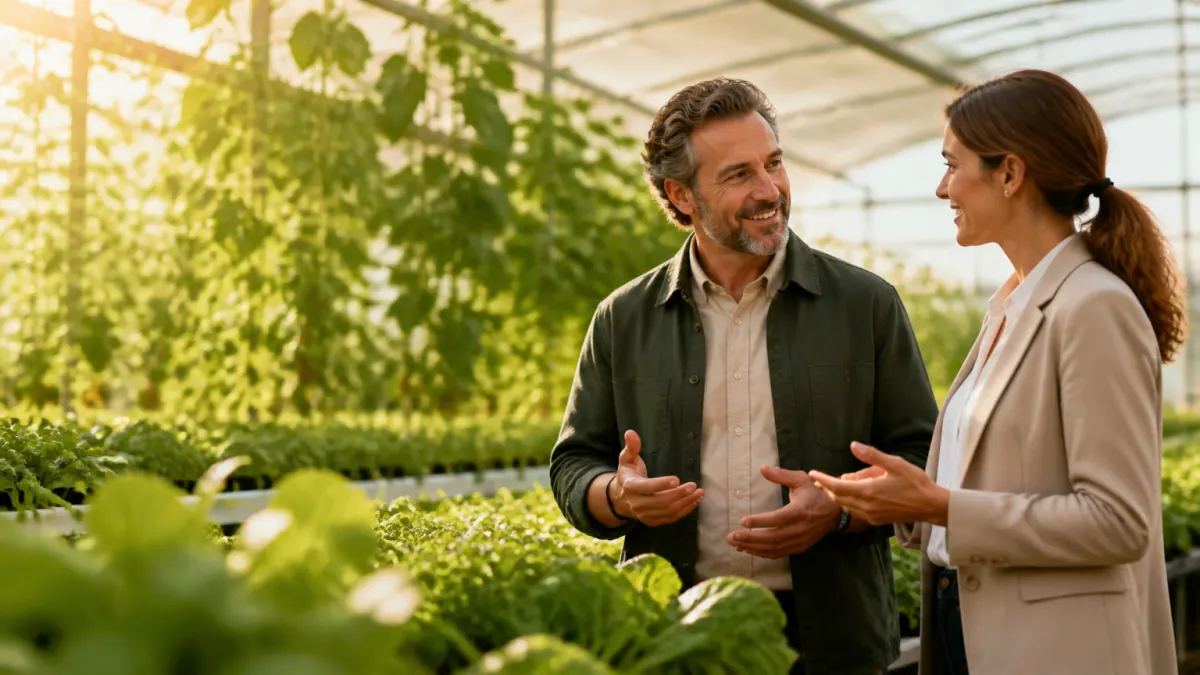 Food and agriculture business leaders in a sunlit greenhouse