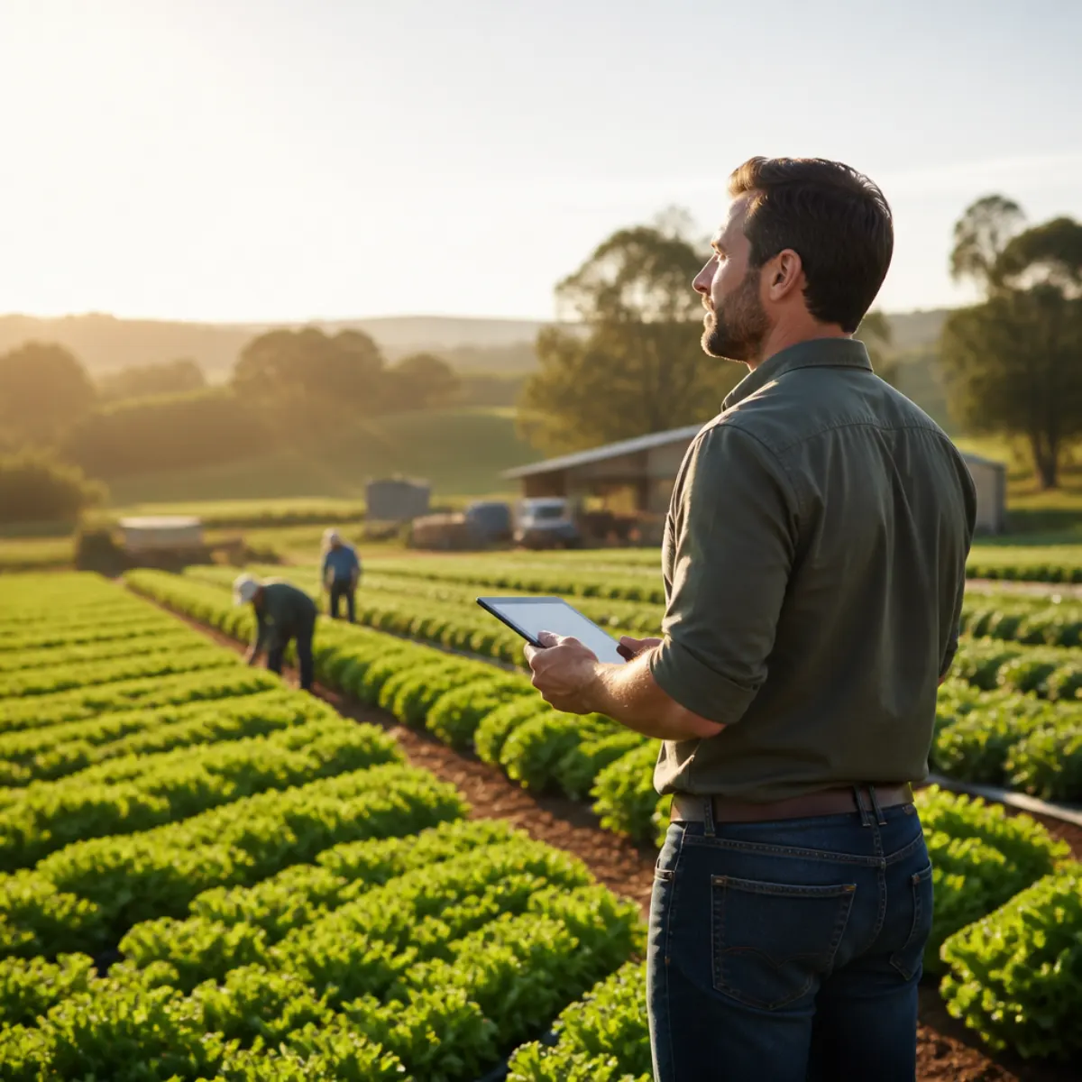 Food agriculture operations manager using a tablet among growing crops
