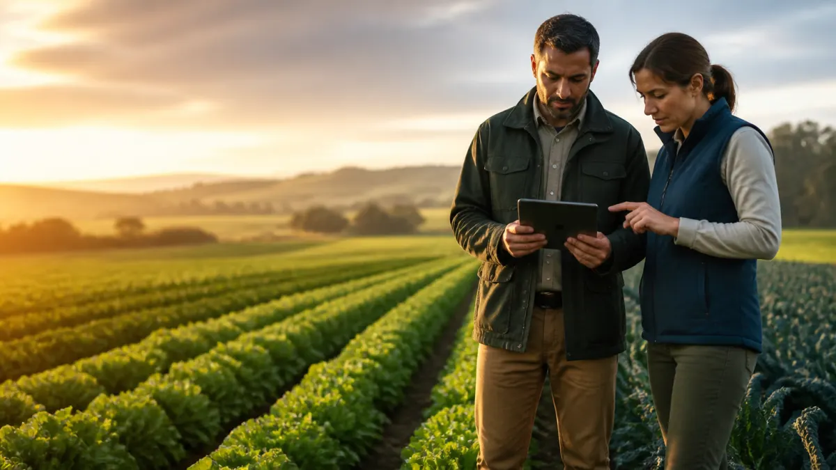Modern food and agriculture team reviewing crop operations in a field